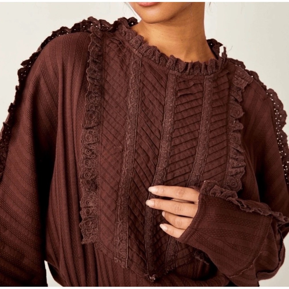 Free People Brown Ruffle Eyelet Lace Pintuck Long Sleeve Top Small